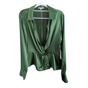 NWT Reformation Rennes 100% Silk Top in Palm Green Faux Wrap Blouse 10